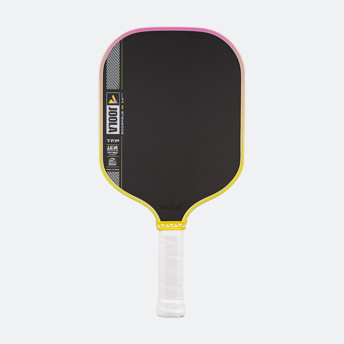 Pickleball paddle with black surface, yellow rim, and white handle on a white background.