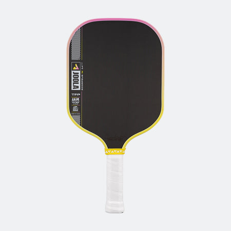 Pickleball paddle with black surface, yellow rim, and white handle on a white background.