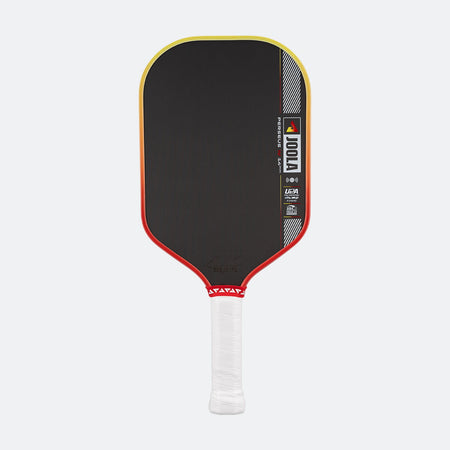 Pickleball paddle with black surface, red border, and white handle on a white background