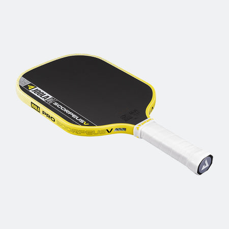 White background, product image of the JOOLA Scorpeus Pro V pickleball paddle with a yellow edge guard and white handle.