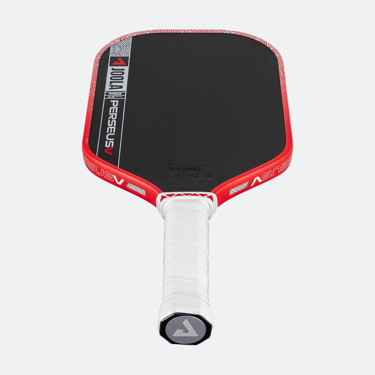 Red and black pickleball paddle with white handle on a white background
