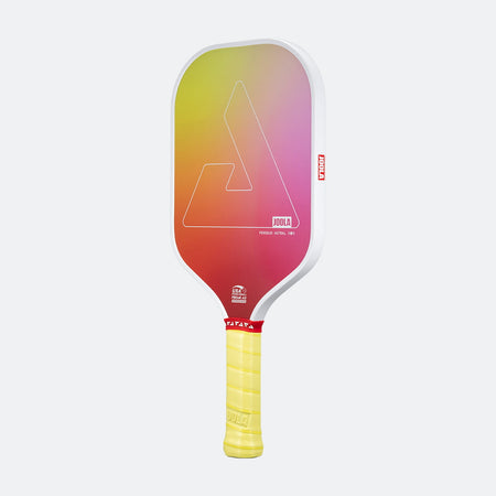 White background, product photo of the JOOLA Perseus Astral pickleball paddle with a yellow handle and white edge guard, and sunset gradient colored paddle face.