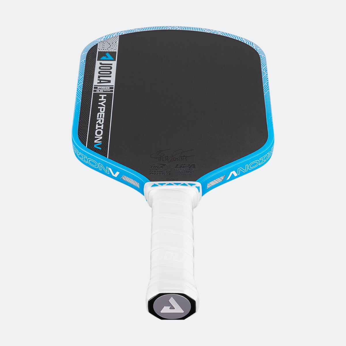 White background, image of the JOOLA Hyperion Pro V pickleball paddle, white handle, blue and white edge guard and black surface.
