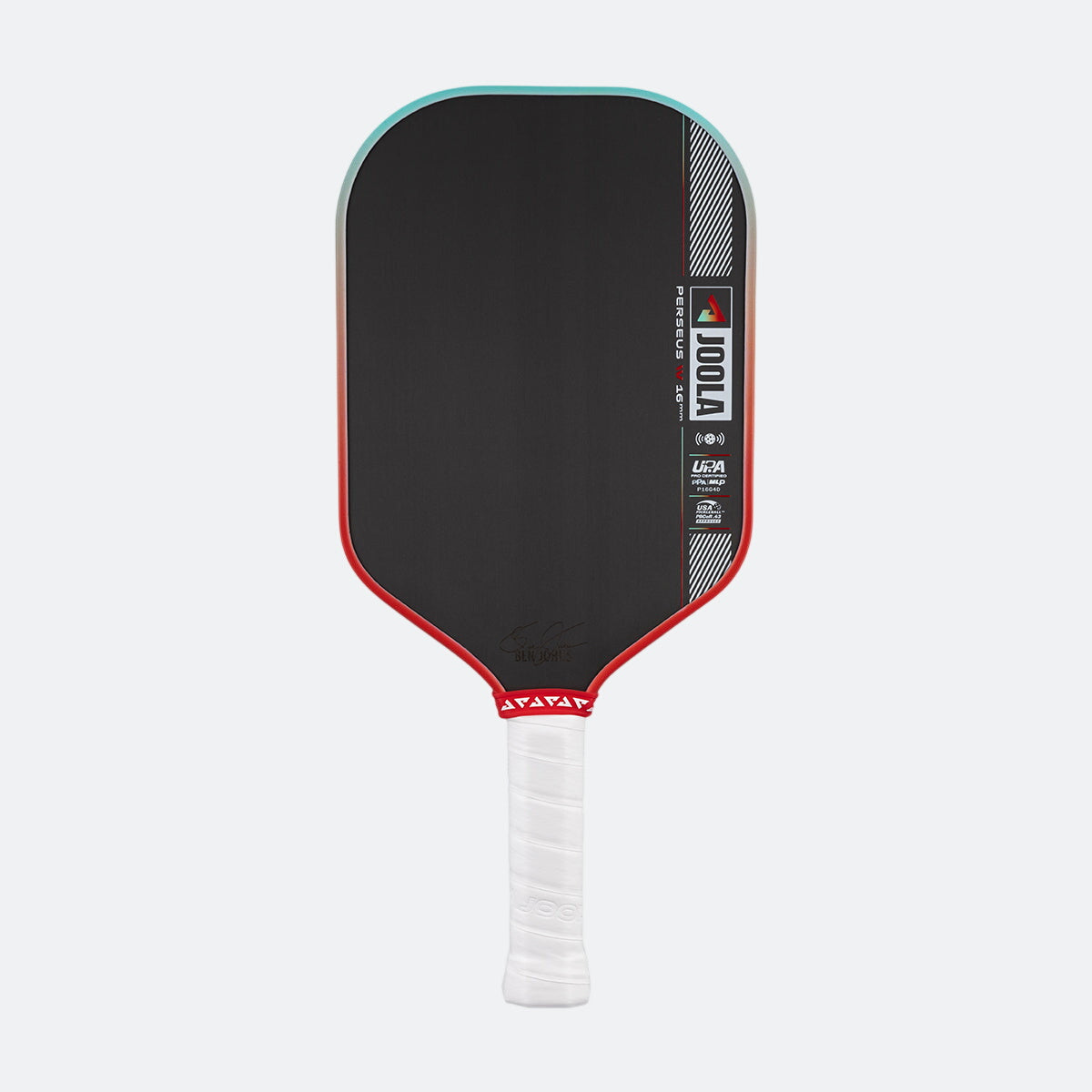Pickleball paddle with black face, red rim, and white handle on a white background