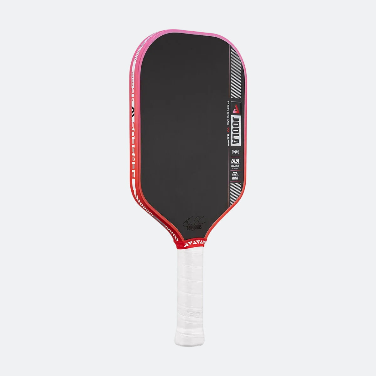 Pickleball paddle with black surface, red edges, and white handle on a white background