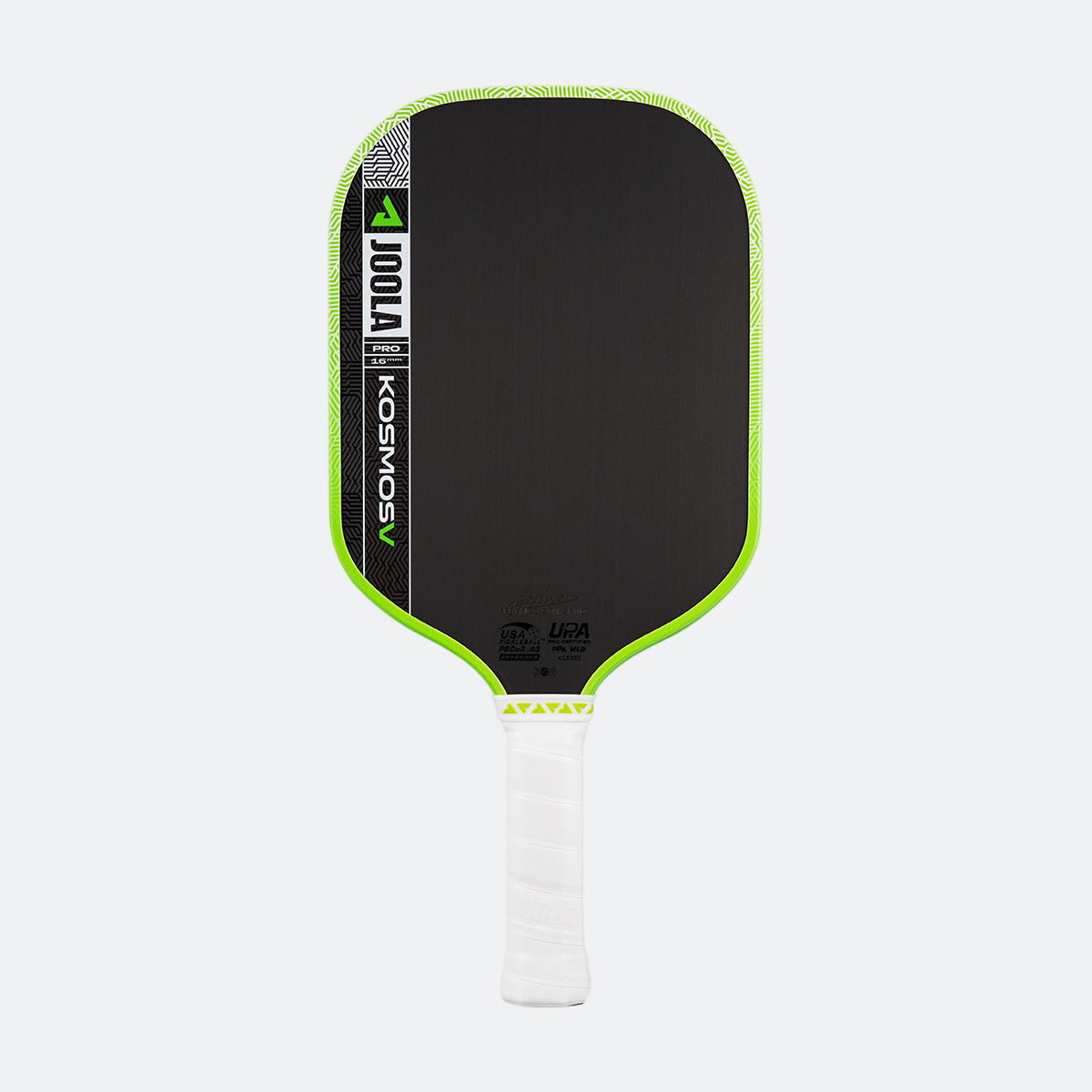 White background, product image of the JOOLA Kosmos Pro V pickleball paddle with white handle and green edge guard.