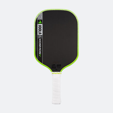 White background, product image of the JOOLA Kosmos Pro V pickleball paddle with white handle and green edge guard.