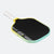 Pickleball paddle with black playing surface and yellow rim on a white background.