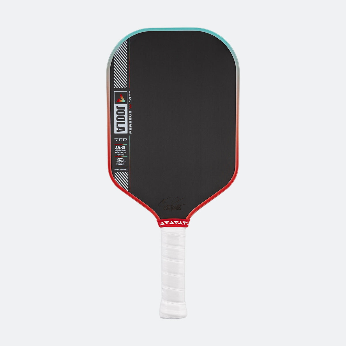 Pickleball paddle with black face, red edges, and white handle on a white background