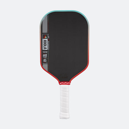 Pickleball paddle with black face, red edges, and white handle on a white background