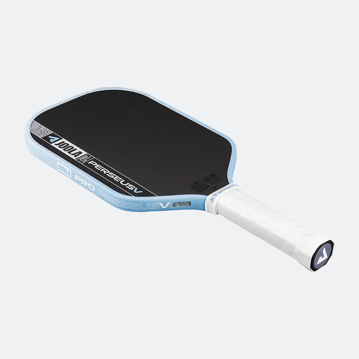 White background, product image of the JOOLA Perseus Pro V pickleball paddle with light blue edge guard and white handle.