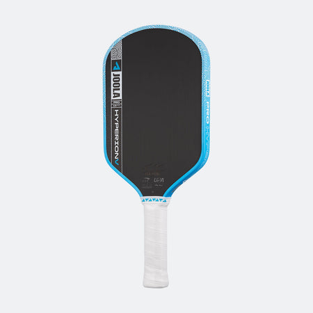 White background, image of the JOOLA Hyperion Pro V pickleball paddle, white handle, blue and white edge guard and black surface.