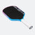 Pickleball paddle with black surface, blue and pink frame, and white handle on a white background.