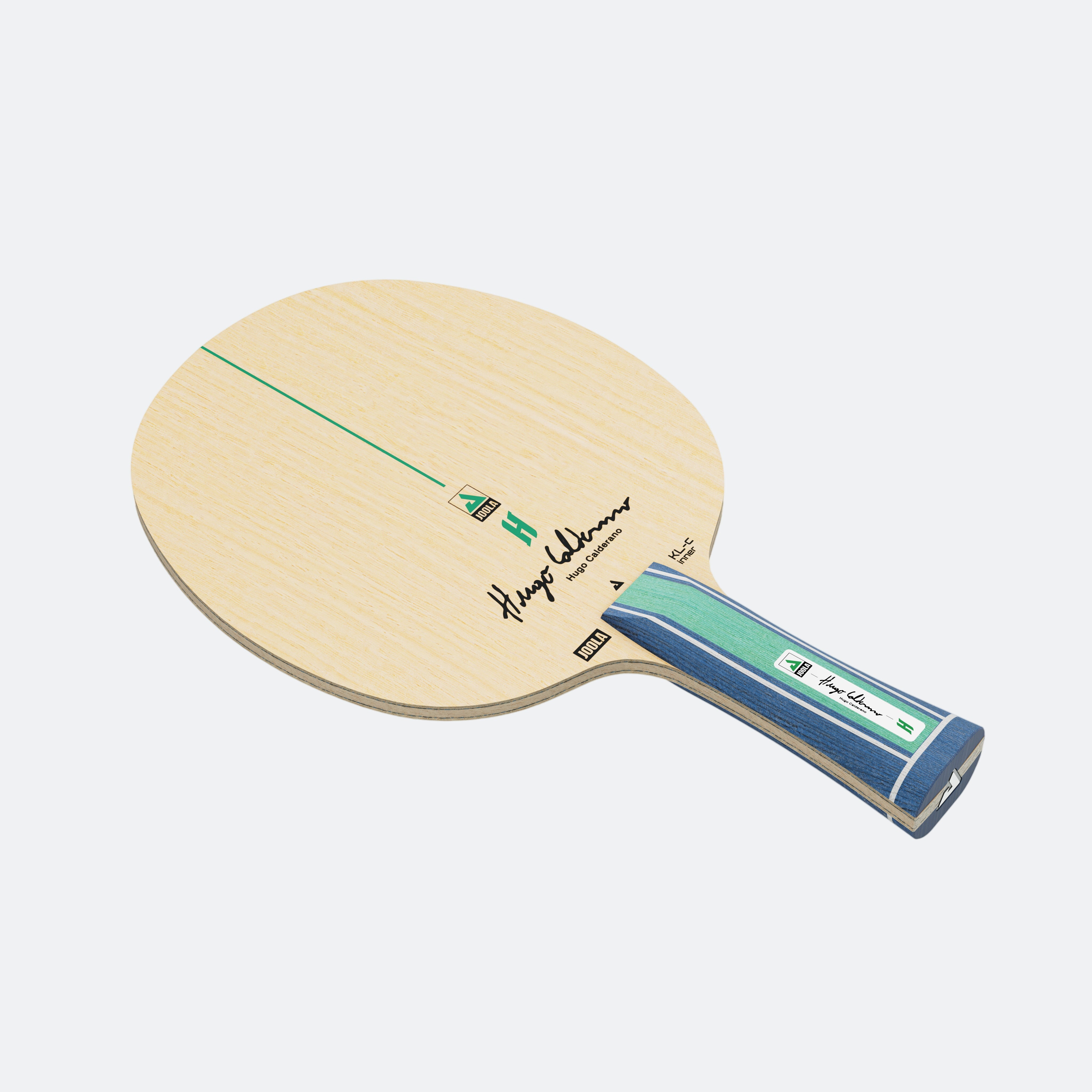 White background, product image of a Hugo Calderano signature racket blade.