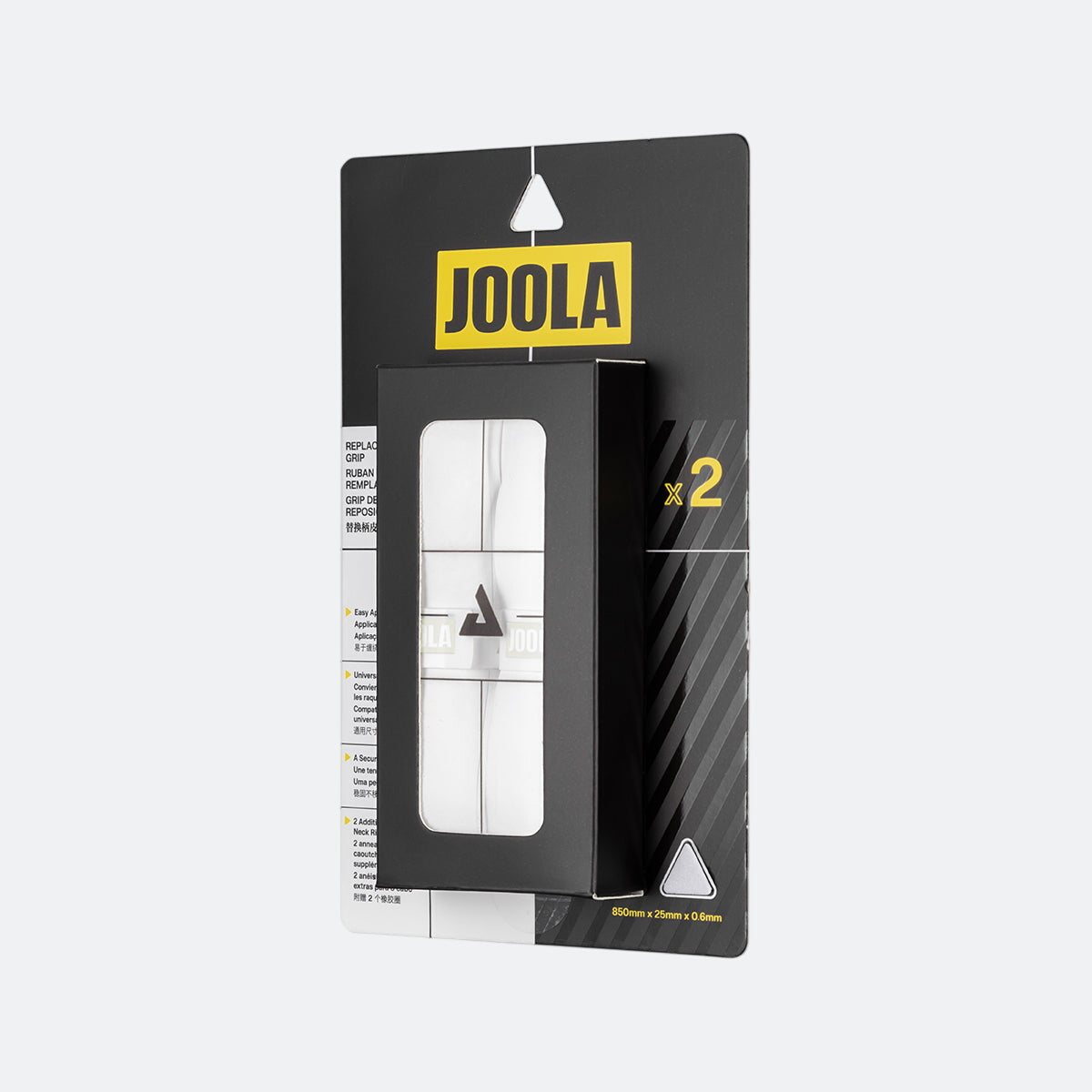 White background, angled view of a 2 pack package of JOOLA feel-tec pure grip in white.