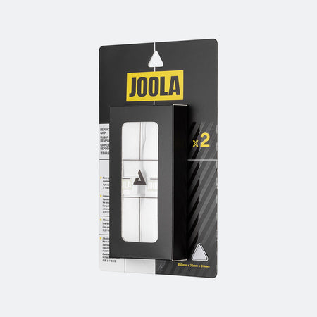 White background, angled view of a 2 pack package of JOOLA feel-tec pure grip in white.