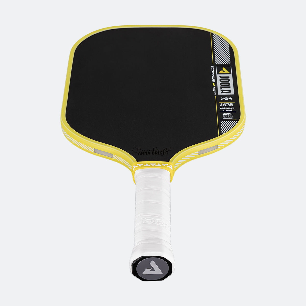 Pickleball paddle with black face and yellow rim on a white background