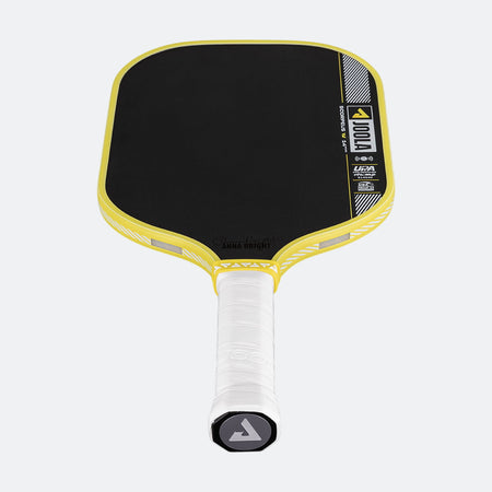 Pickleball paddle with black face and yellow rim on a white background