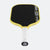 Pickleball paddle with black face and yellow rim on a white background