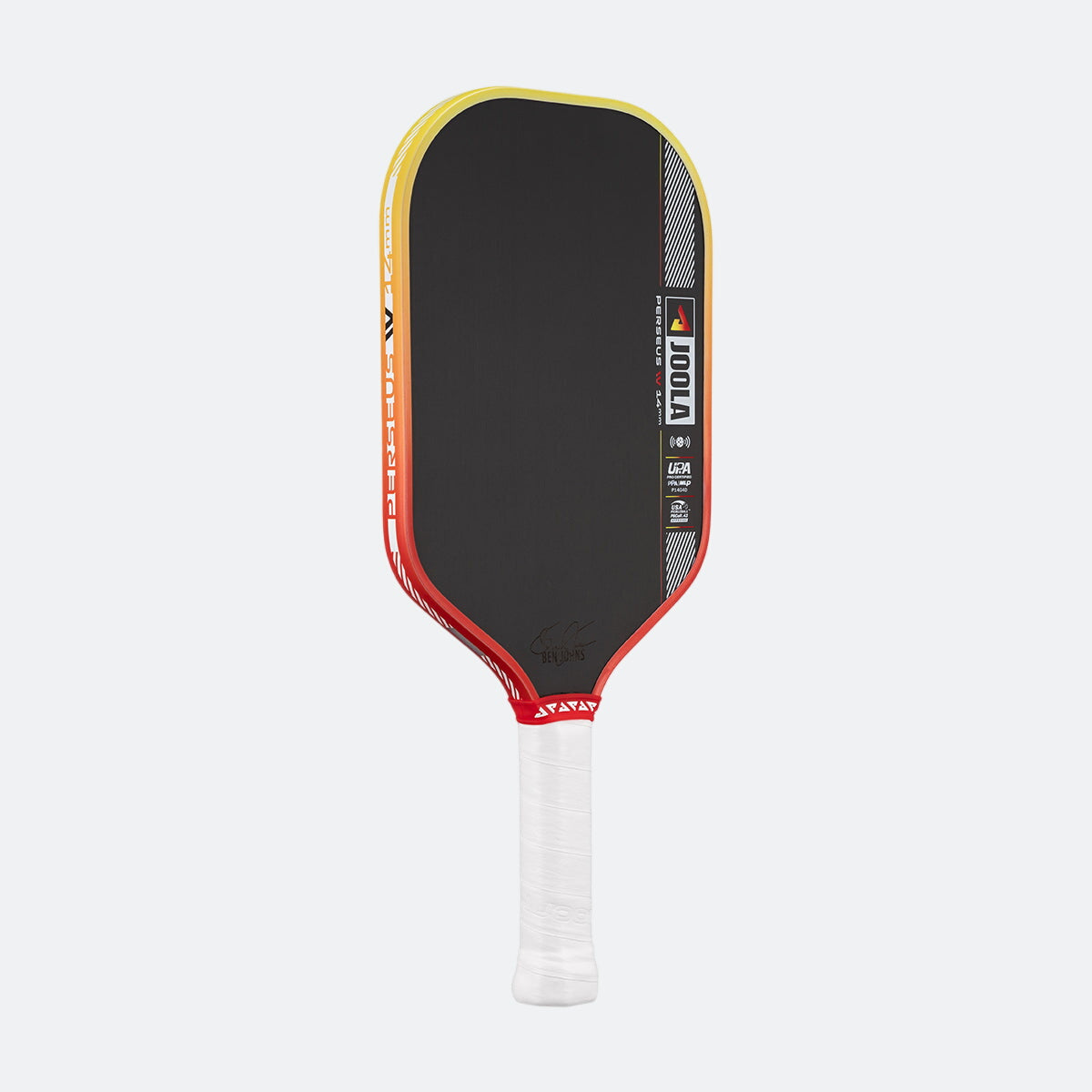 Pickleball paddle with black surface, red and yellow edges, and white handle on a white background