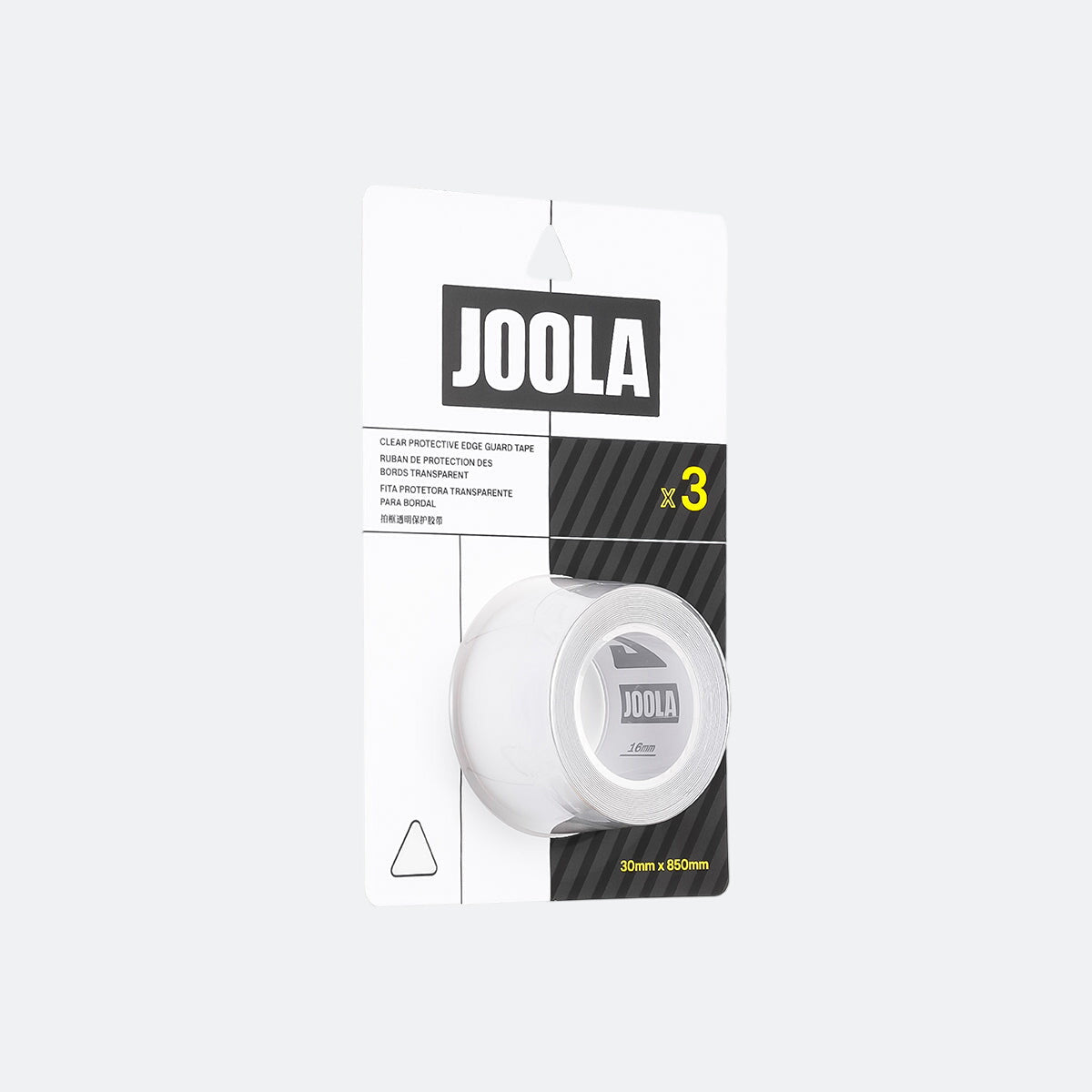 White background, angled view of a package of JOOLA clear edge guard tape.