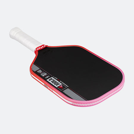 Pickleball paddle with red and black design on a white background