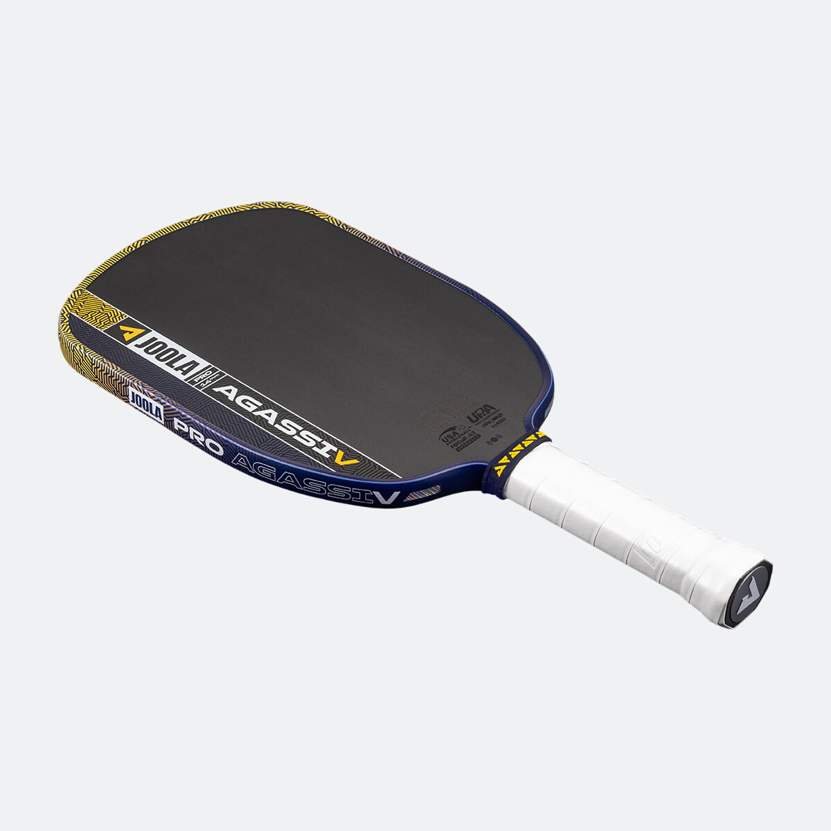 White background, prouct image of the Kate and Brooke Dual Signature Agassi Pro V pickleball paddle in a blue and gold colorway.