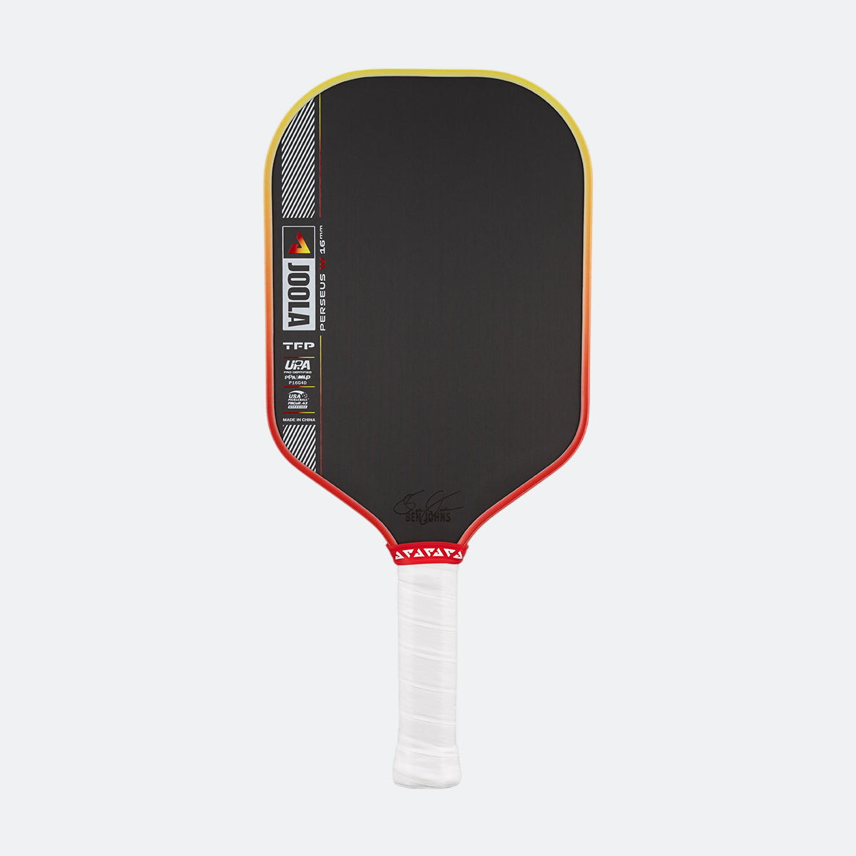 Pickleball paddle with black surface, red border, and white handle on a white background