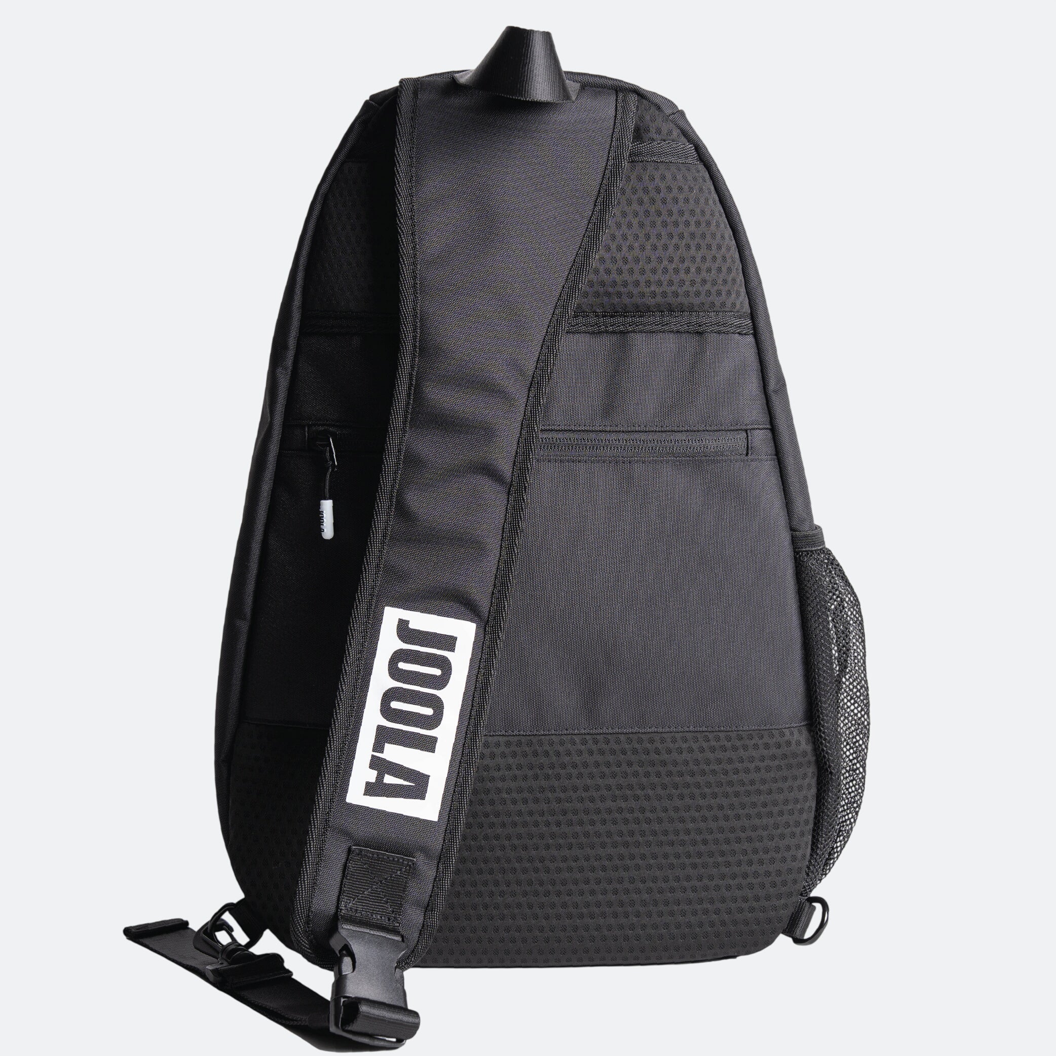 Black sling bag with 'JOOLA' branding on a white background.