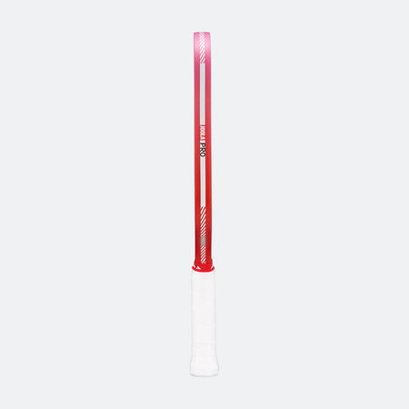 Red and white pickleball paddle edge guard on a white background