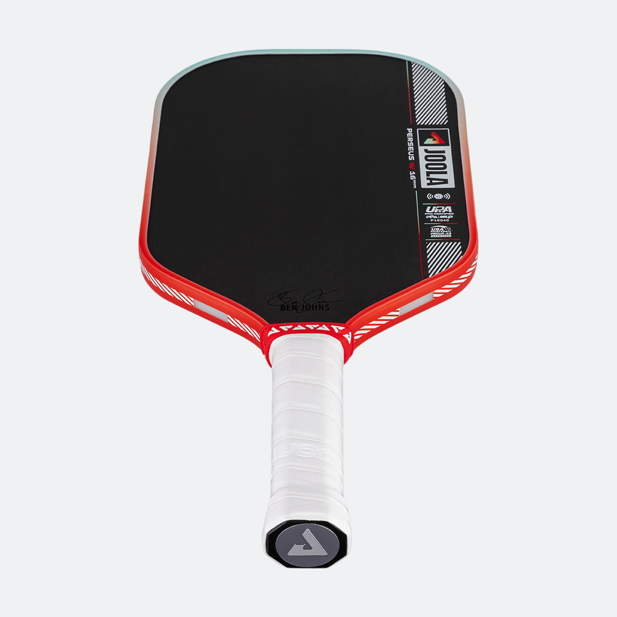 Red and black pickleball paddle on a white background