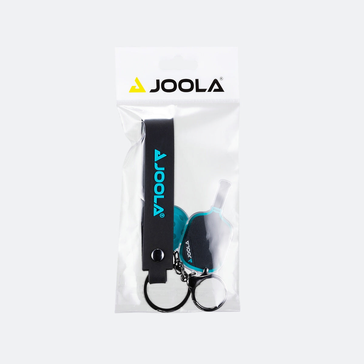 White background, product image of the JOOLA Ben Johns 3S paddle and ball keychain. Blue.