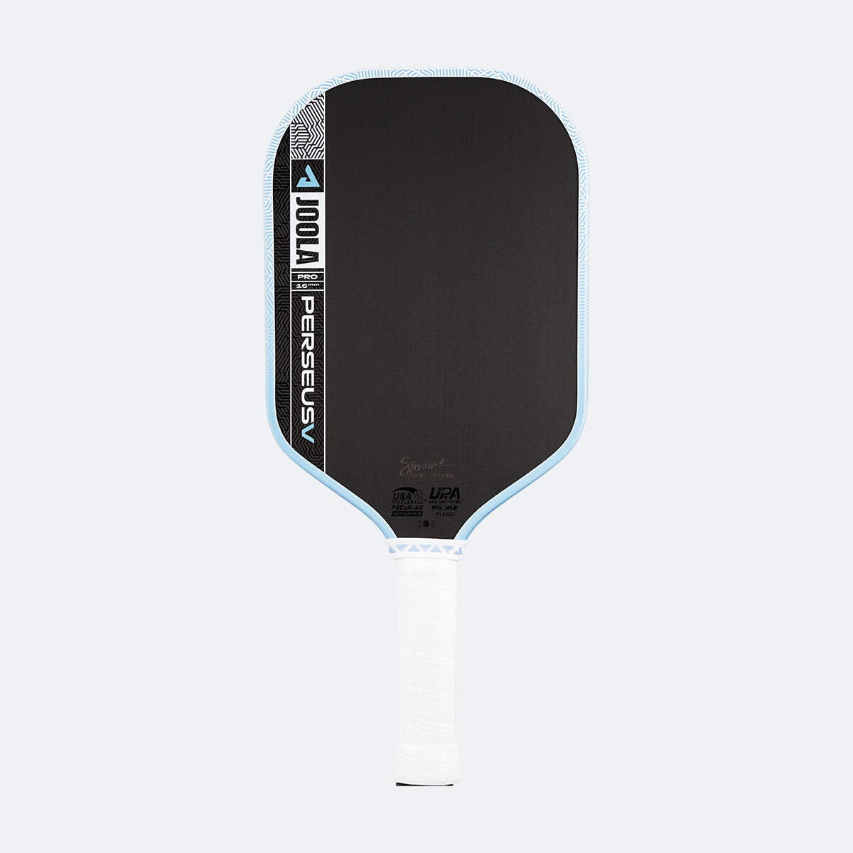 White background, product image of the JOOLA Perseus Pro V pickleball paddle with light blue edge guard and white handle.