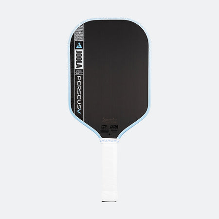 White background, product image of the JOOLA Perseus Pro V pickleball paddle with light blue edge guard and white handle.