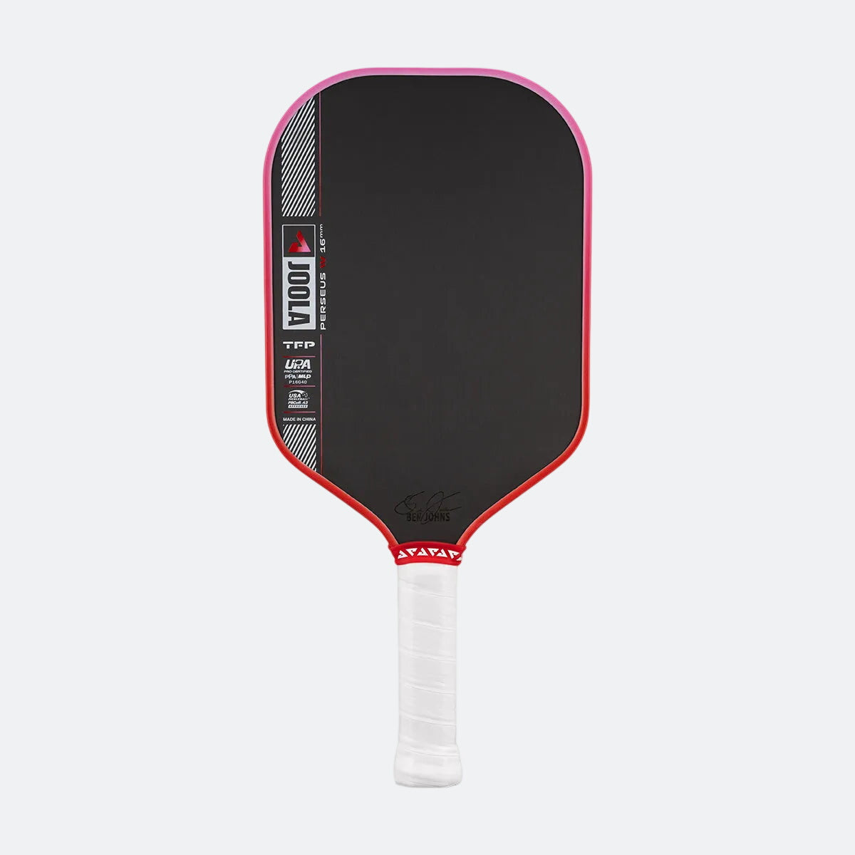 Pickleball paddle with black surface, red border, and white handle on a white background