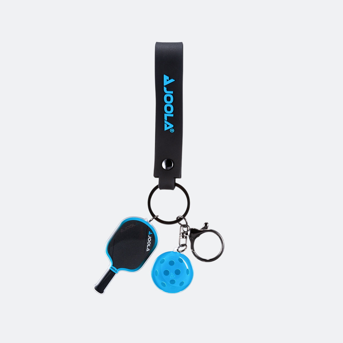 White background, product image of the JOOLA Simone Jardim 3S paddle and ball keychain. Blue.