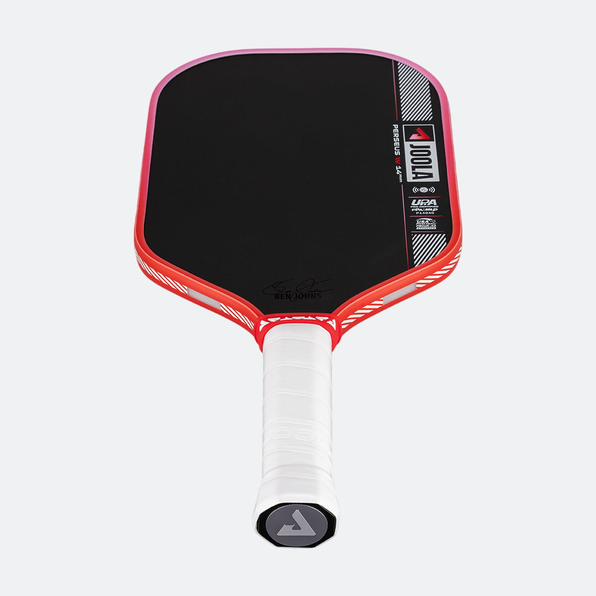 Pickleball paddle with red and black design on a white background