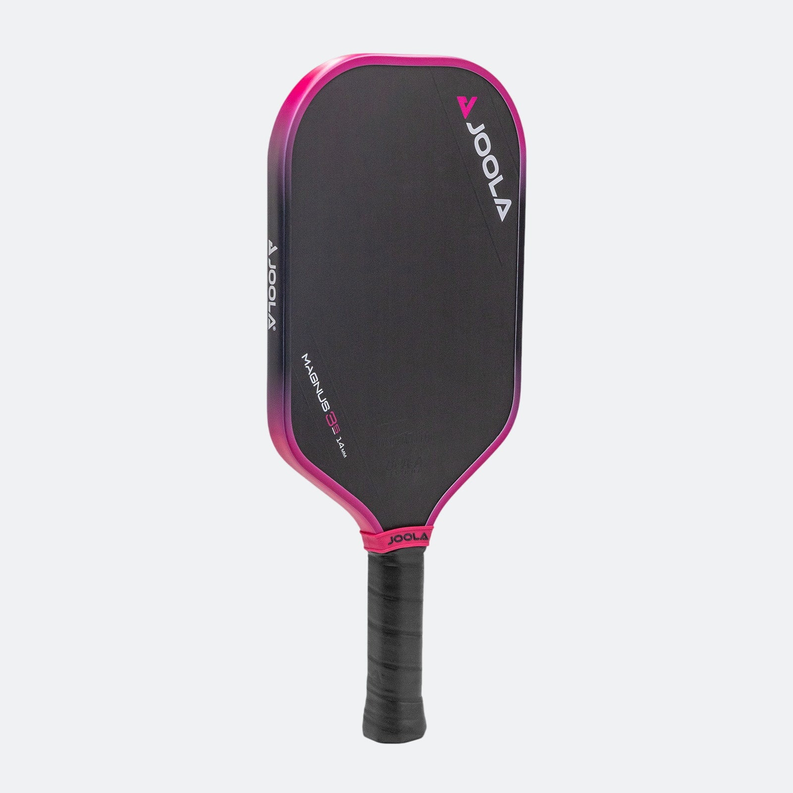 White background image, product image of the JOOLA Tyson McGuffin 14mm 3S pickleball paddle. Black paddle face with pink around the edge guard. Black paddle handle.
