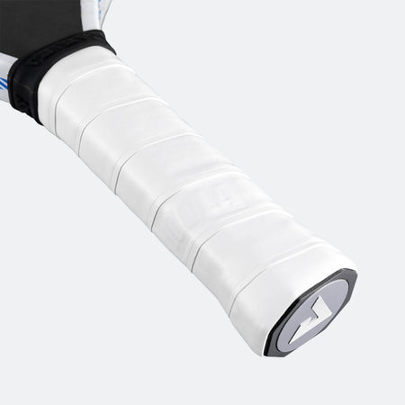 White background, close up image of the JOOLA White fel-tec pure replacement grip applied to a JOOLA pickleball paddle.