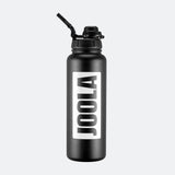 Black water bottle with straw lid and 'JOOLA' logo on a white background.