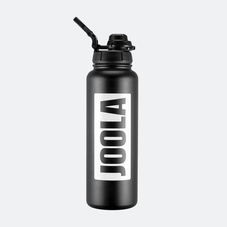 Black water bottle with straw lid and 'JOOLA' logo on a white background.