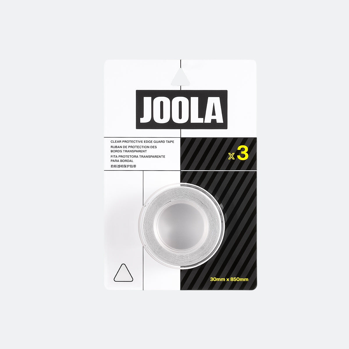 White background, product image of a package of JOOLA Clear Edge Guard tape.