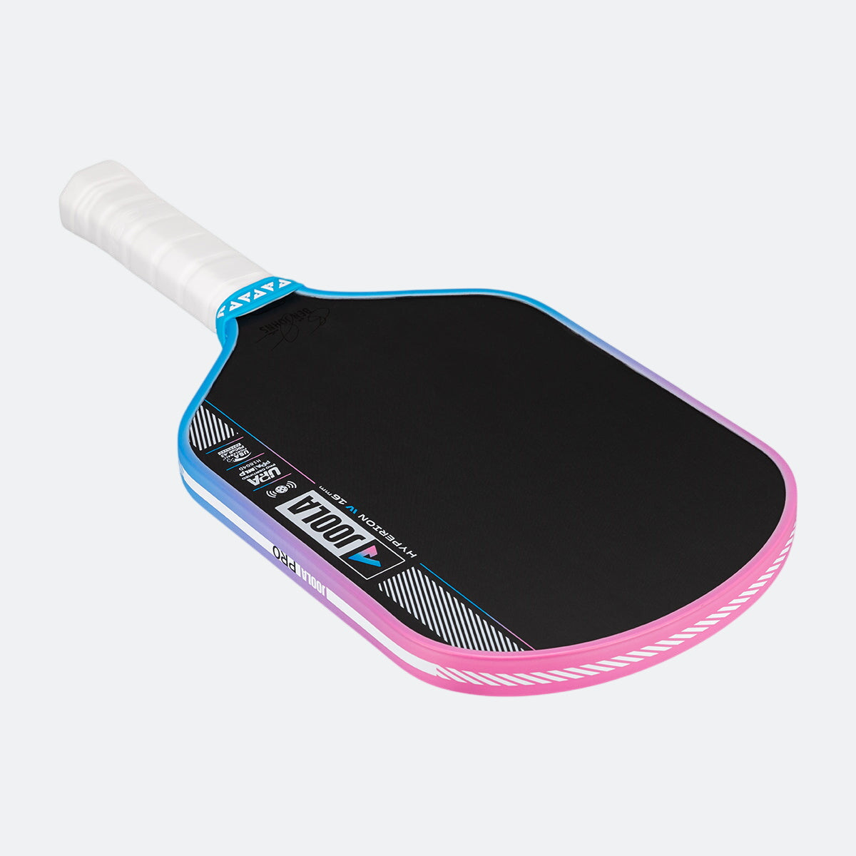 Pickleball paddle with black surface, blue rim, and pink frame on a white background.