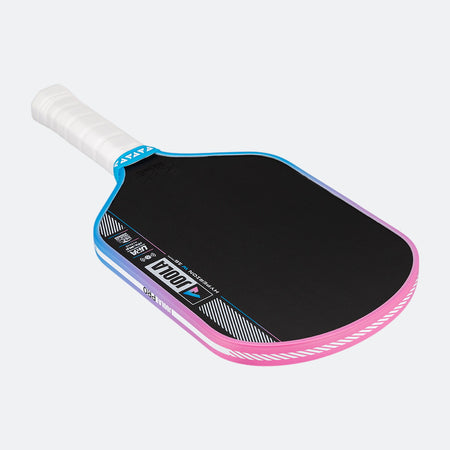 Pickleball paddle with black surface, blue rim, and pink frame on a white background.