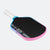 Pickleball paddle with black surface, blue rim, and pink frame on a white background.