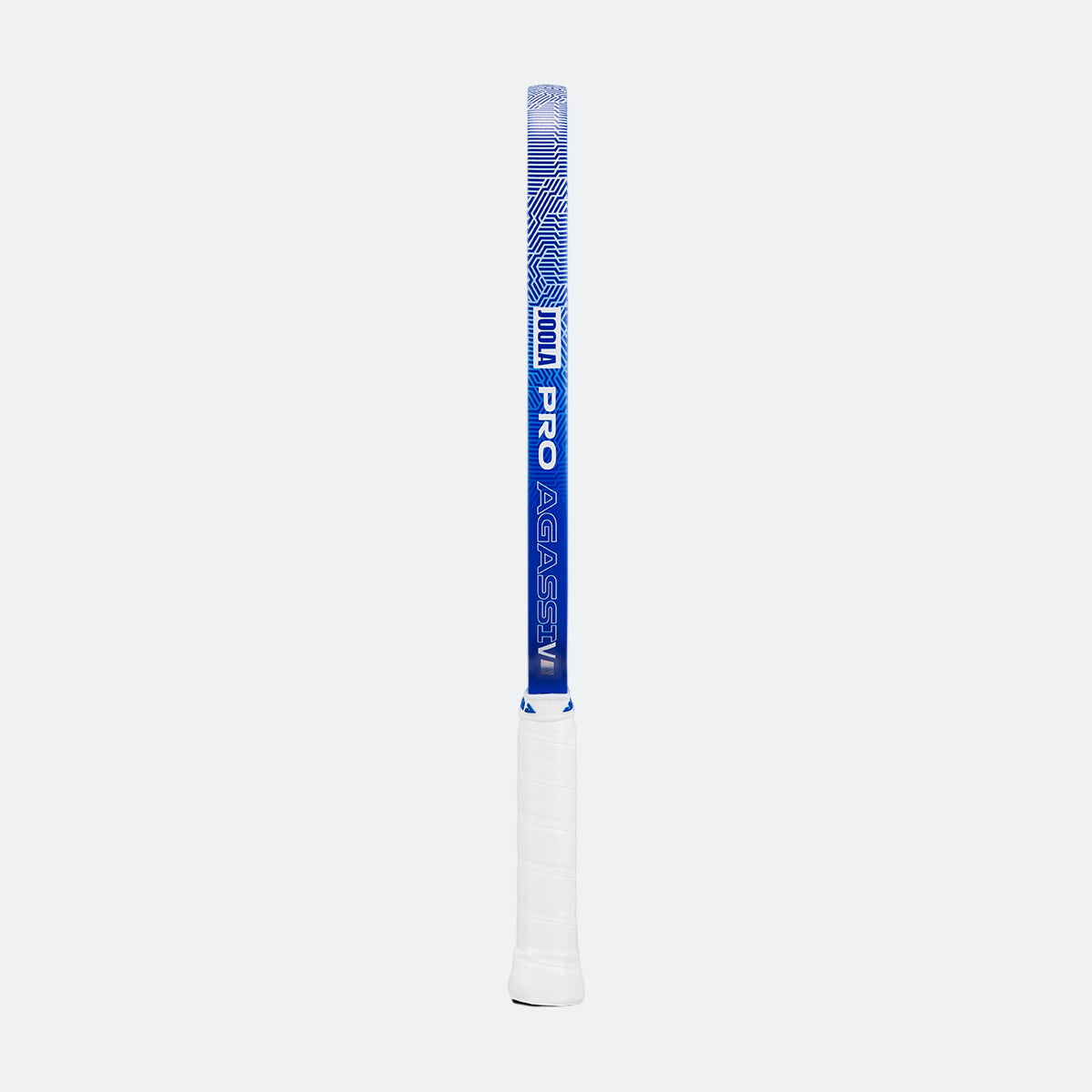 White background, product image showing the side of the JOOLA Agassi Pro V pickleball paddle with blue edge guard and white handle.