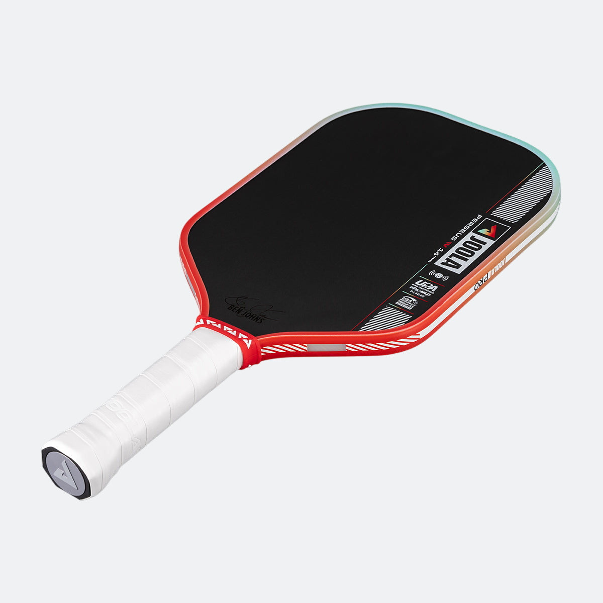 Red and black pickleball paddle on a white background