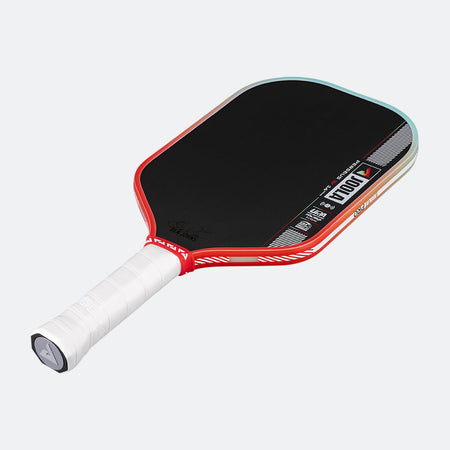 Red and black pickleball paddle on a white background