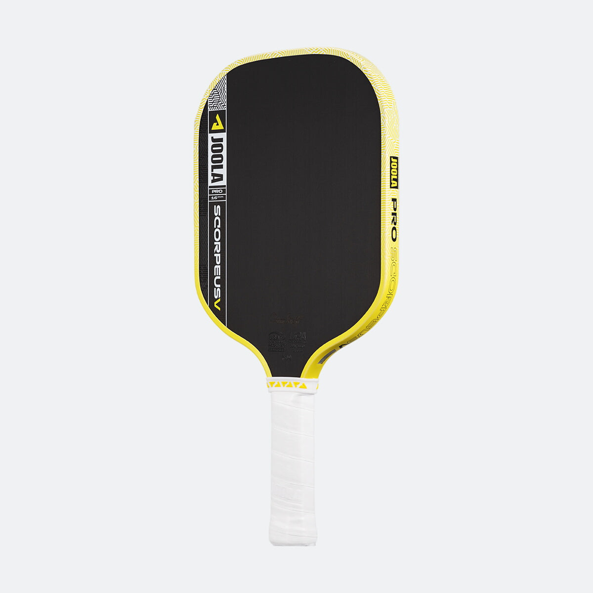 White background, product image of the JOOLA Scorpeus Pro V pickleball paddle with a yellow edge guard and white handle.