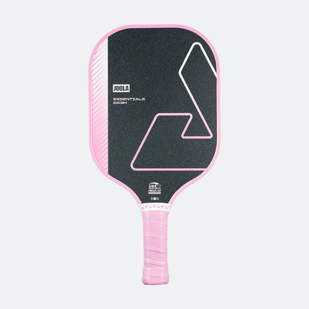 White background, product image of the JOOLA Essentials Dash pickleball paddle, pink handle, pink edge guard, and black, white and pink surface color.